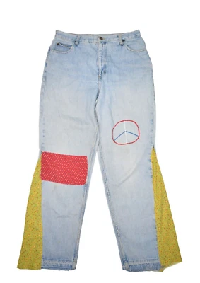 Vintage Hippy Jeans Womens 14 Reconstructed Floral Flare Bell Bottom Light Wash - Image 1 of 4