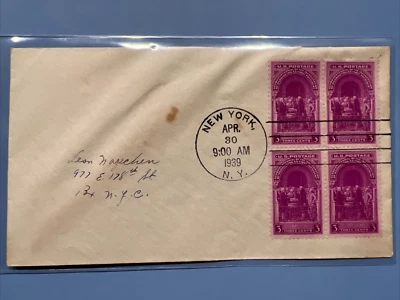 854 Inauguration of Washington 3c 1939 Block of 4 FDC Addressed NO Cachet - Image 1 of 2