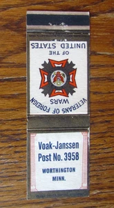 FRATERNAL V.F.W. POST 3958 MATCHBOOK COVER: WORTHINGTON, MN EMPTY MATCHCOVER -A9 - Picture 1 of 2