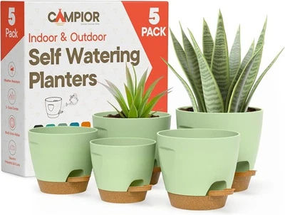 Pack de 5 macetas verdes auto riego, macetas para plantas de interior y exterior con cuerda de mecha y  Foto 1 de 4