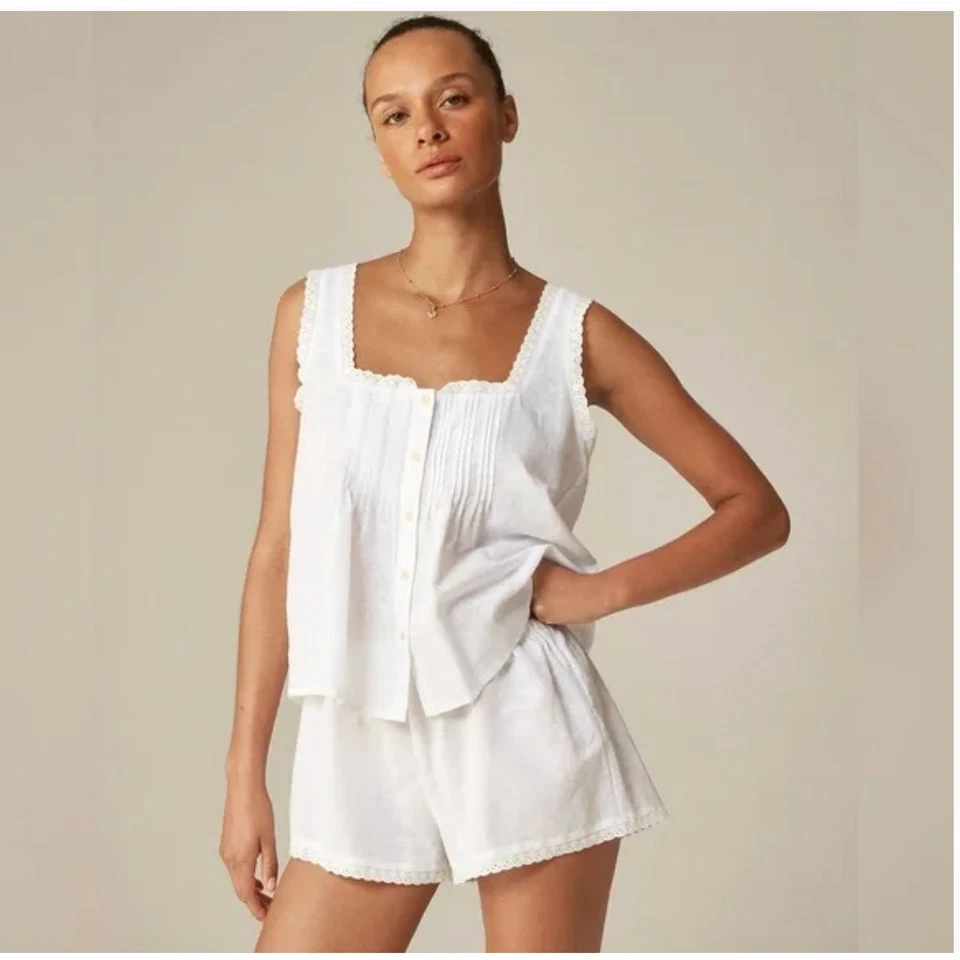 NUEVO CON ETIQUETAS J. Conjunto de pijama sin mangas Crew para dormir corto XL con ribete de encaje blanco CK350 J.Crew Foto 1 de 4