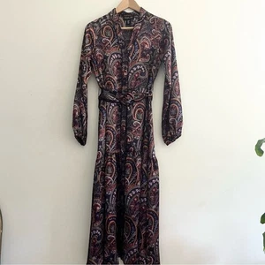 VTG Rachel Zoe Purple Burgundy Paisley Long Sleeve Maxi Dress XS Tiered w Belt - Picture 1 of 15