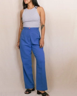 Pantalones Vintage Años 60 Azul Lino Cintura Alta Estilo Disco Pierna Ancha 25 26 Hechos a Mano Foto 1 de 4