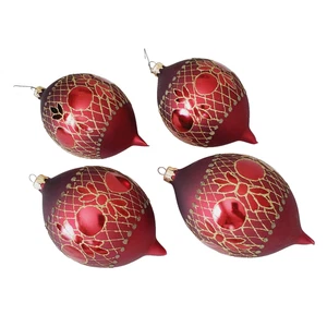 Vintage Teardrop Handblown Christmas Ornaments X4 Large Burgandy Red & Glittered - Picture 1 of 7