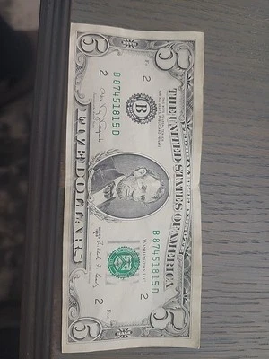 1988  5 Dollar Bill  Serial#  B 87451815D, I good Codition - Image 1 of 4