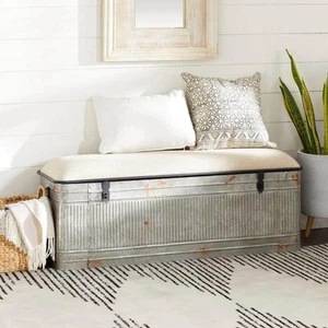 Litton Lane Gray Galvanized Storage Bench with Cream Burlap Top 18 in. X 50 in. - Picture 1 of 12