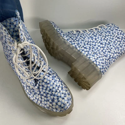 Dirty Laundry COMBAT FASHION BOOTS Womens MAZZY 9 Lug Heel, Baby Blue Floral Wht - Image 1 of 4