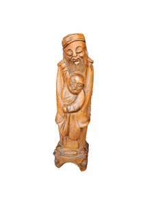 Handgeschnitzte asiatische Holz Statue Figur orientalisches Dekor alter Mann mit Kind - Bild 1 von 5
