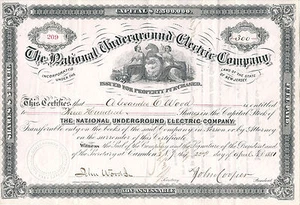 NEW JERSEY 1881, National Underground Electric Co. Stock Certificate - Picture 1 of 2