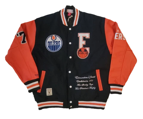 Men's Edmonton Oilers NHL Hockey Varsity Jacket Mitchell & Ness Full Button Cover