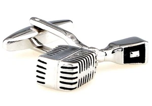 Microphone Pair Cufflinks Silver Black DJ Wedding Gift Box & Polishing Cloth - Picture 1 of 3
