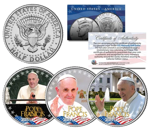 POPE FRANCIS * 2015 U.S. Visit * Colorized 2015 JFK Half Dollar 3-Coin U.S. Set Cover