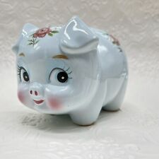 Cute Vintage Large Light Blue Hand Painted Piggy Bank Made In Japan Kids Decor