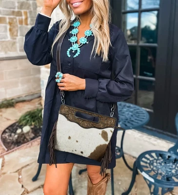 Women Hand Tooled Hair-on Shoulder Fringe Bag with Free Gift Bifold Black Wallet - Image 1 of 4