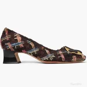 Tory Burch Wool Blend Mixed Media Tweed Boucle Plaid Pump In Brown/coco, Sz 10 - Picture 1 of 6