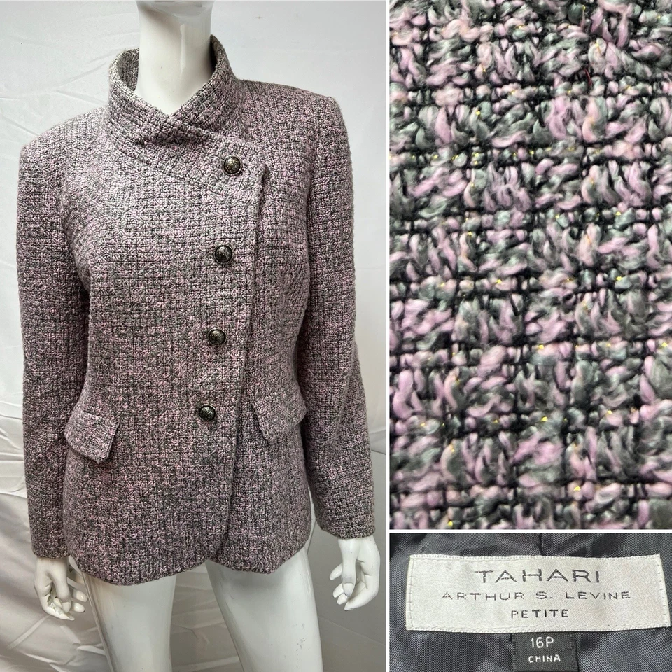 Chaqueta Blazer Tahari ASL Petite 16 16P Rosa Boucle Tweed Foto 1 de 4