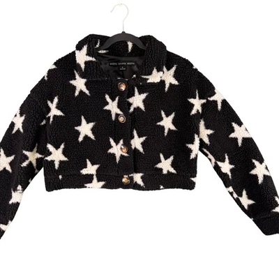 Chaqueta corta difusa con estampado de estrellas HYFVE para mujer S negra blanca Sherpa Y2K estética Foto 1 de 4