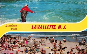 NEW JERSEY POSTCARD: BEACH SCENE & MAN FISHING, LAVALLETTE, NJ - Picture 1 of 2