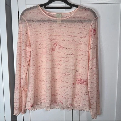 Top J.Jill Estampado de Escrituras Malla Manga Larga LP Pequeño Rosa Lechuga Dobladillo Volantes Transparentes Foto 1 de 4