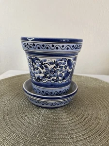 Vintage portugiesische blau & weiße Keramik Pflanztopf & Untertasse - handbemalt - Bild 1 von 8