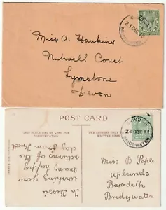 1911/15 BAWDRIP & COMBWICH AMBOS BRIDGEWATER SOMERSET CANCELACIONES DE GOMA EN ENV Y PPC - Imagen 1 de 3