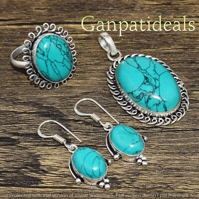 Turquoise Mix Shape 3pcs Combo Set 925 Silver Plated Wholesale Lot Jewelry  - Image 1 of 2