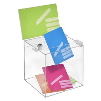 Losbox aus Acrylglas 200x200x200mm, mit Schloß und Topschild A5 Quer - Bild 1 von 4