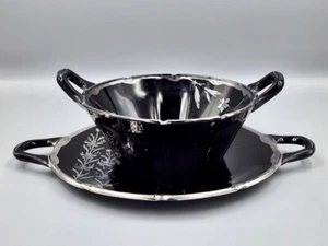 Black Amethyst Glass Bowl and Under Plate With Sterling Silver Overlay Vtg - Picture 1 of 5