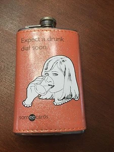 "EXPECT A DRUNK DIAL SOON" GOLD W/ SILVER GLITTER RETRO PATENT LEATHER FLASK - Picture 1 of 4