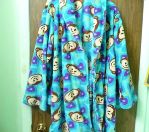 GIRLS THICK FLUFFY ROBE WITH MONKEYS SIZE L MISSING WRAP TIE - Picture 1 of 3