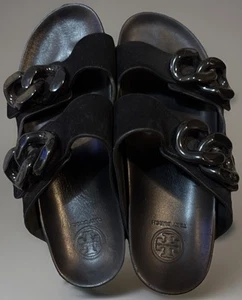 Damen-Pantoletten 7M TORY BURCH Adrien zwei Bänder flach Kette schwarz Veloursleder (E3) - Bild 1 von 13