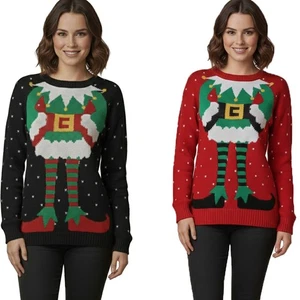 Women Christmas Elf Body Jumper Long Sleeve Knitted Sweater Xmas Pullover Jumper - Picture 1 of 13