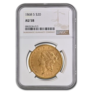 1868-S $20 Liberty Gold Double Eagle AU-58 NGC - Picture 1 of 3
