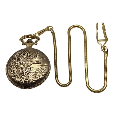 Reloj Bolsillo Hombre Cuarzo Escena Pato Cazador Completo con Cadena 12" y Batería Nueva Foto 1 de 4