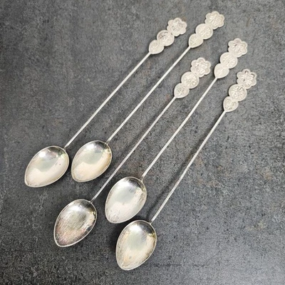 Juego de 5 ~ cucharas mezcladoras de té de plata esterlina del siglo XIX antiguas chinas c.1890 Foto 1 de 4