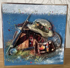 Biglietto pensionamento a tema attrezzi da pesca 5"x5" fatto a mano - Foto 1 di 3