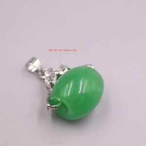 18K White GP with Green Jade Tube Pendant 1.0inch H Good Gift