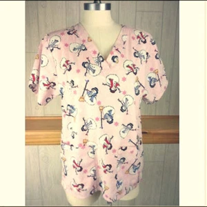 Tafford ~ Pink Snowmen + Snowflakes Winter Women's Small Short Sleeve Scrub Top - Picture 1 of 24
