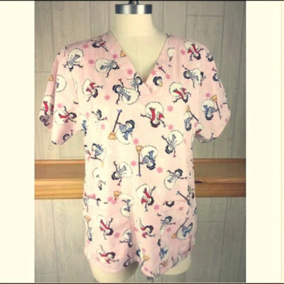 Tafford ~ Pink Snowmen + Snowflakes Winter Women's Small Short Sleeve Scrub Top - Image 1 of 4