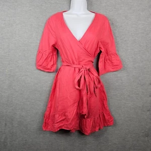 Anthropologie 4 Our Dreamers Women's Coral Pink Ruffle Wrap Linen Dress Size PS - Picture 1 of 11