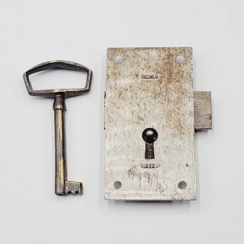 Vintage Cabinet Drawer Dresser Lock with Skeleton Key 2 7/8" x 1 5/8" -51AB Cover