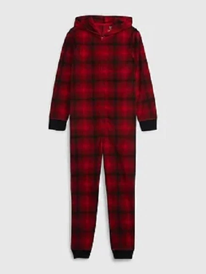 NWT Gap Kids Boys Pajamas Cozy Fleece hoodie red buffalo plaid romper   6 - Image 1 of 1