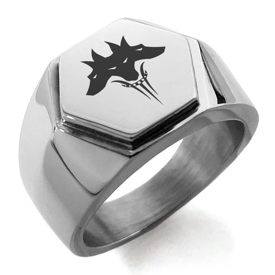 Stainless Steel Greek Mythology Cerberus Symbol Mens Hexagon Crest Signet Ring - Image 1 of 1