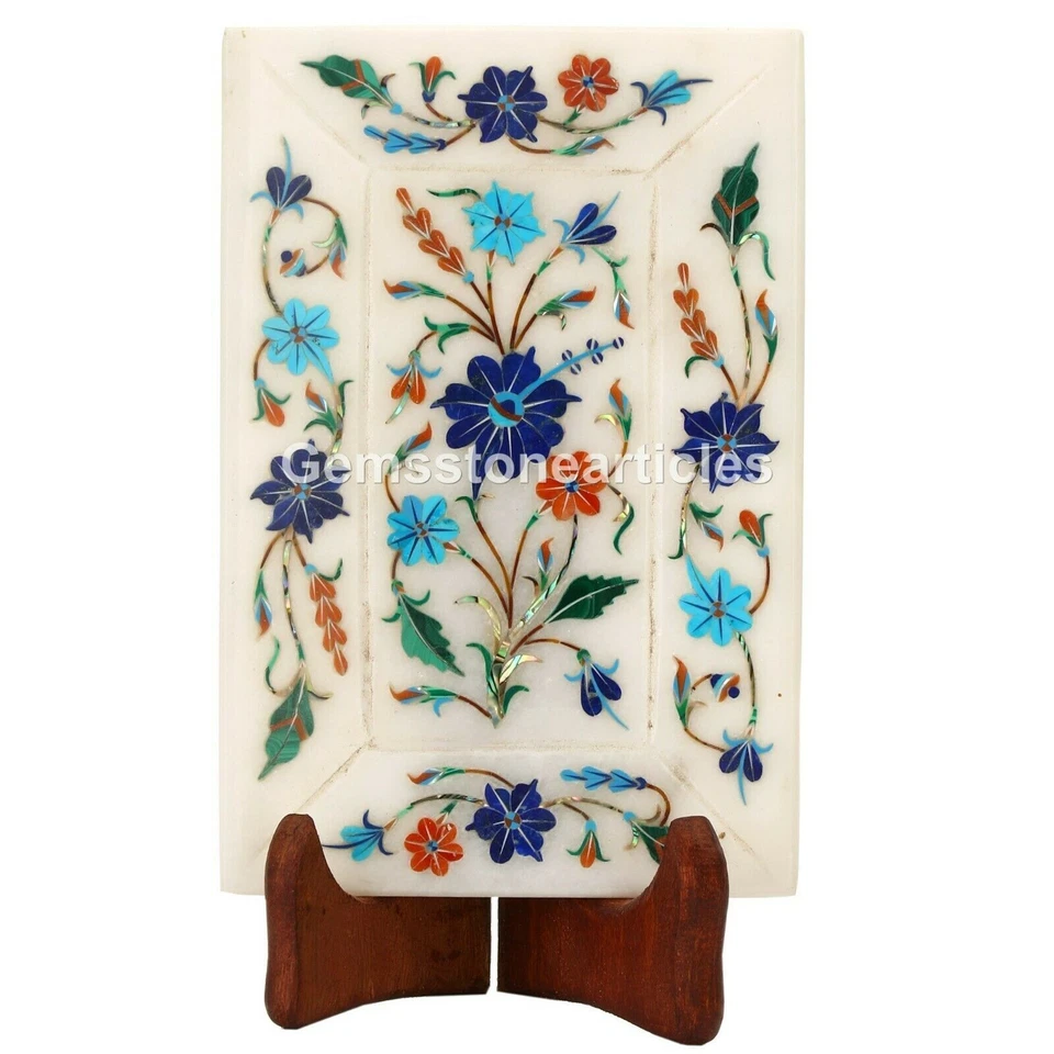 6"x4" White Marble Serving Tray Multi Stone Floral Marquetry Inlay Christmas Eve - Image 1 of 2
