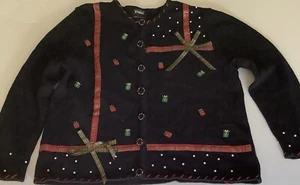 Studio Joy Women’s XL Christmas Sweater Cardigan Embroidered Presents Black Vtg - Picture 1 of 9