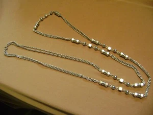 VINTAGE  SILVER TONE DOUBLE CHAIN METAL BEADED 42" LENTH CHAIN NECKLACE. - Picture 1 of 6