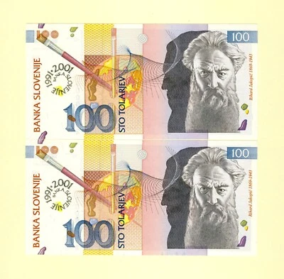 SLOVENIA SLOWENIEN LOT 2 X 100 TOLARJEV 1992 P-25 UNC COMMEMORATIVE ISSUE 2001 - Image 1 of 2