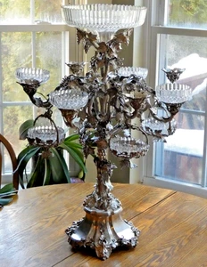 MONUMENTAL ANTIQUE SILVERED BRONZE EPERGNE CENTER PIECE ALL ORIGINAL CUT CRYSTAL - Picture 1 of 24
