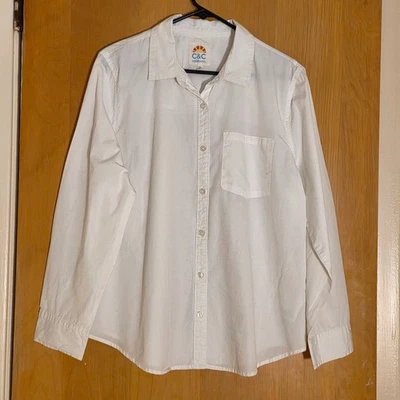 C&C California 纽扣衬衫女式 XL 白色 100% 棉方格海岸学院风 — 第 1/4 张图片