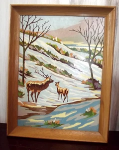 Vintage Mid Century Modern Paint by Number Elk, Snow Trees Framed 12 X 16” - Picture 1 of 1